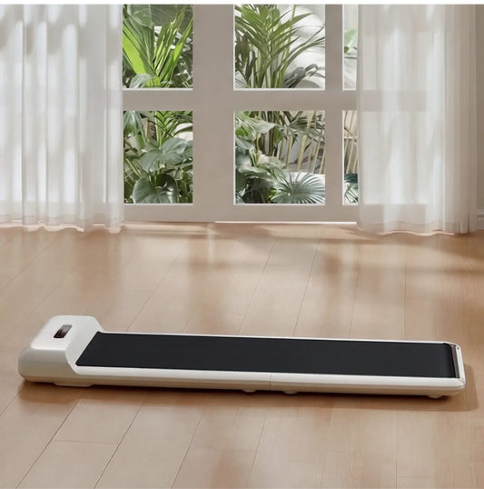 WalkingPad C2 on a wooden floor beside a window and plants