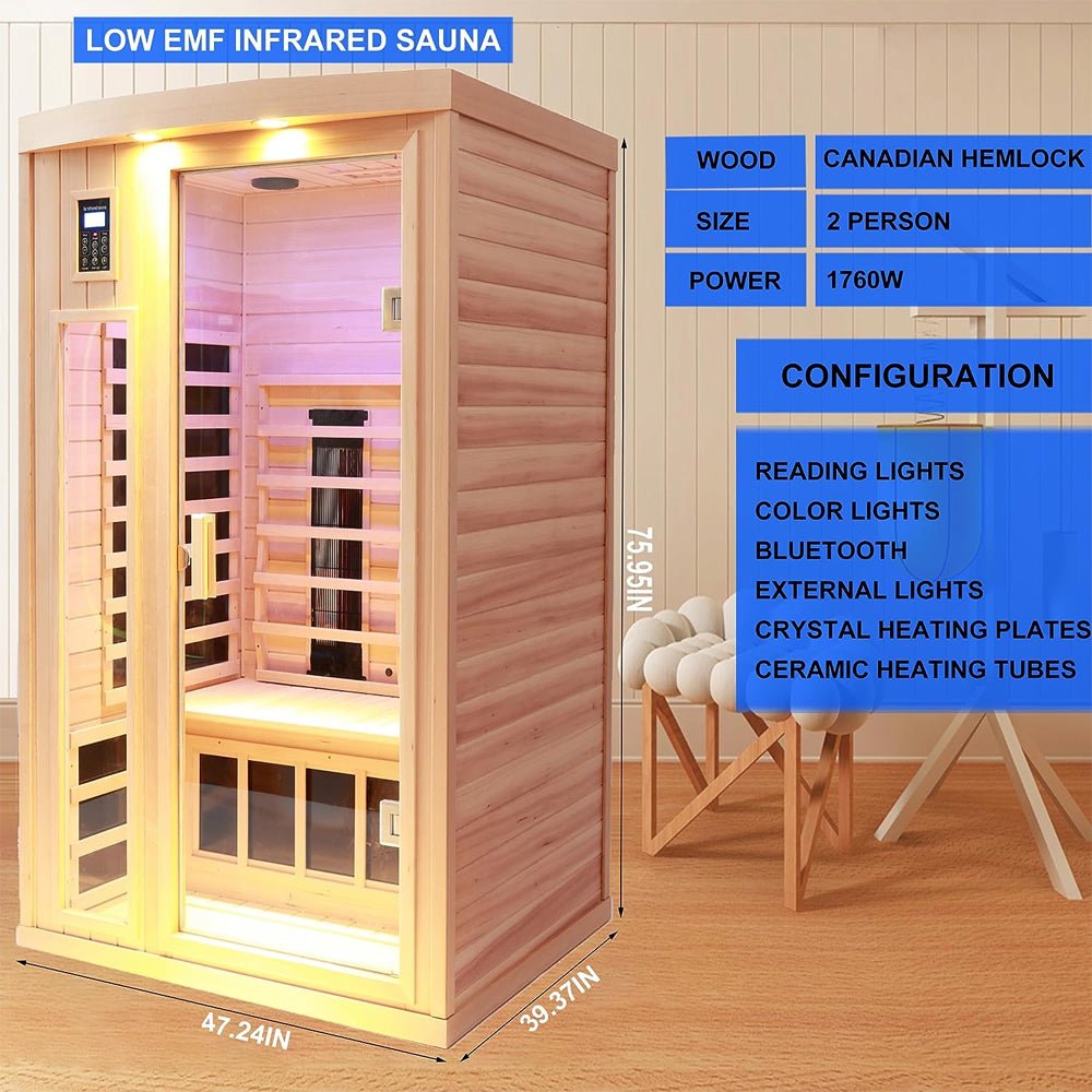 2-Person Low EMF FAR-Infrared Heat Wood Home Personal Spa Sauna With Ceramic Heaters, 1760W (SAK25714)