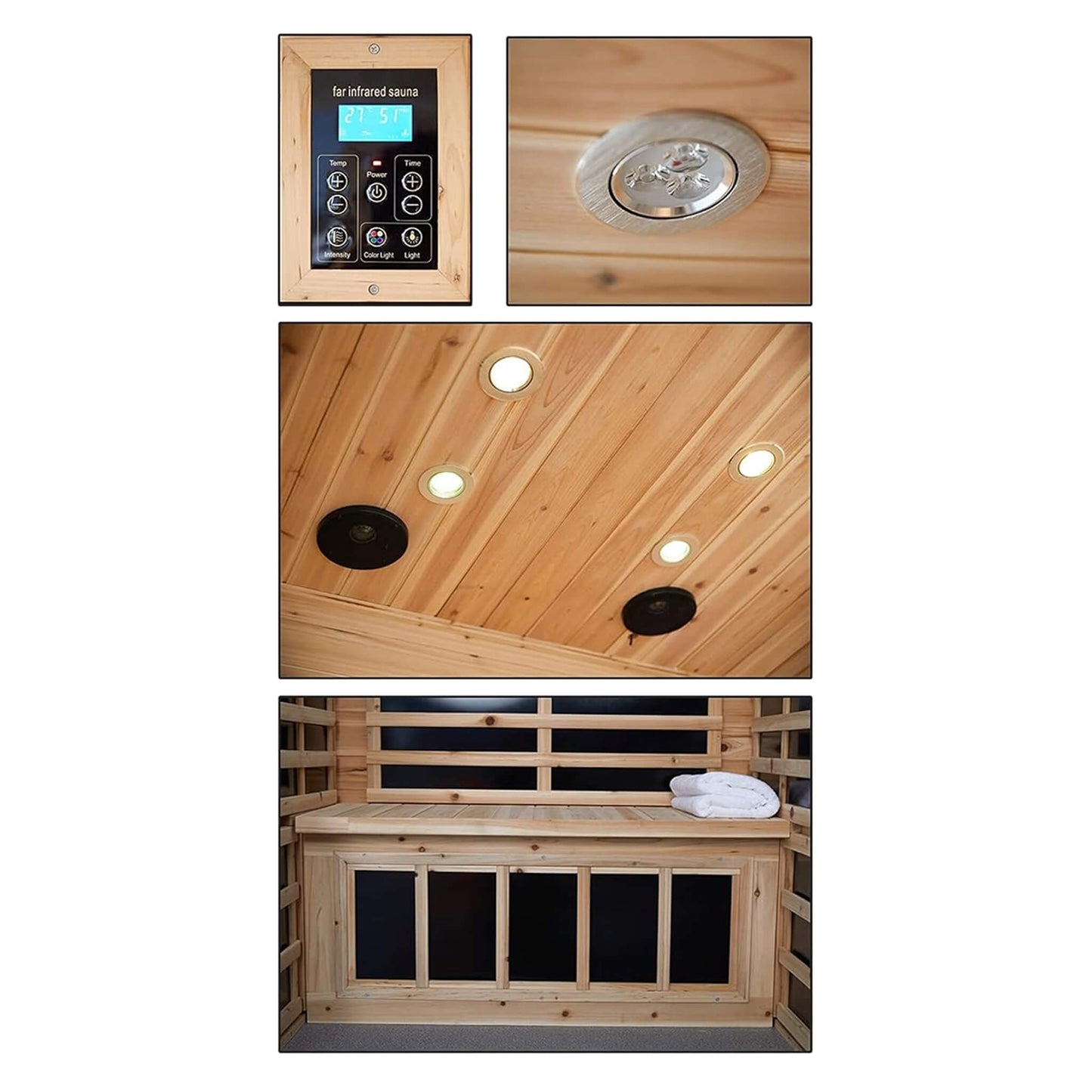 Collage of images showing a wooden sauna with control panel, ceiling details, and interior layout.
