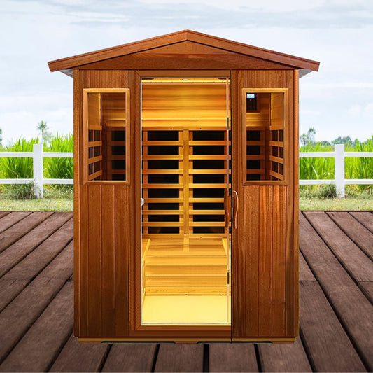 4-person luxury outdoor FAR infrared home sauna with Bluetooth audio and low EMF heating, 2050W energy-efficient system.
