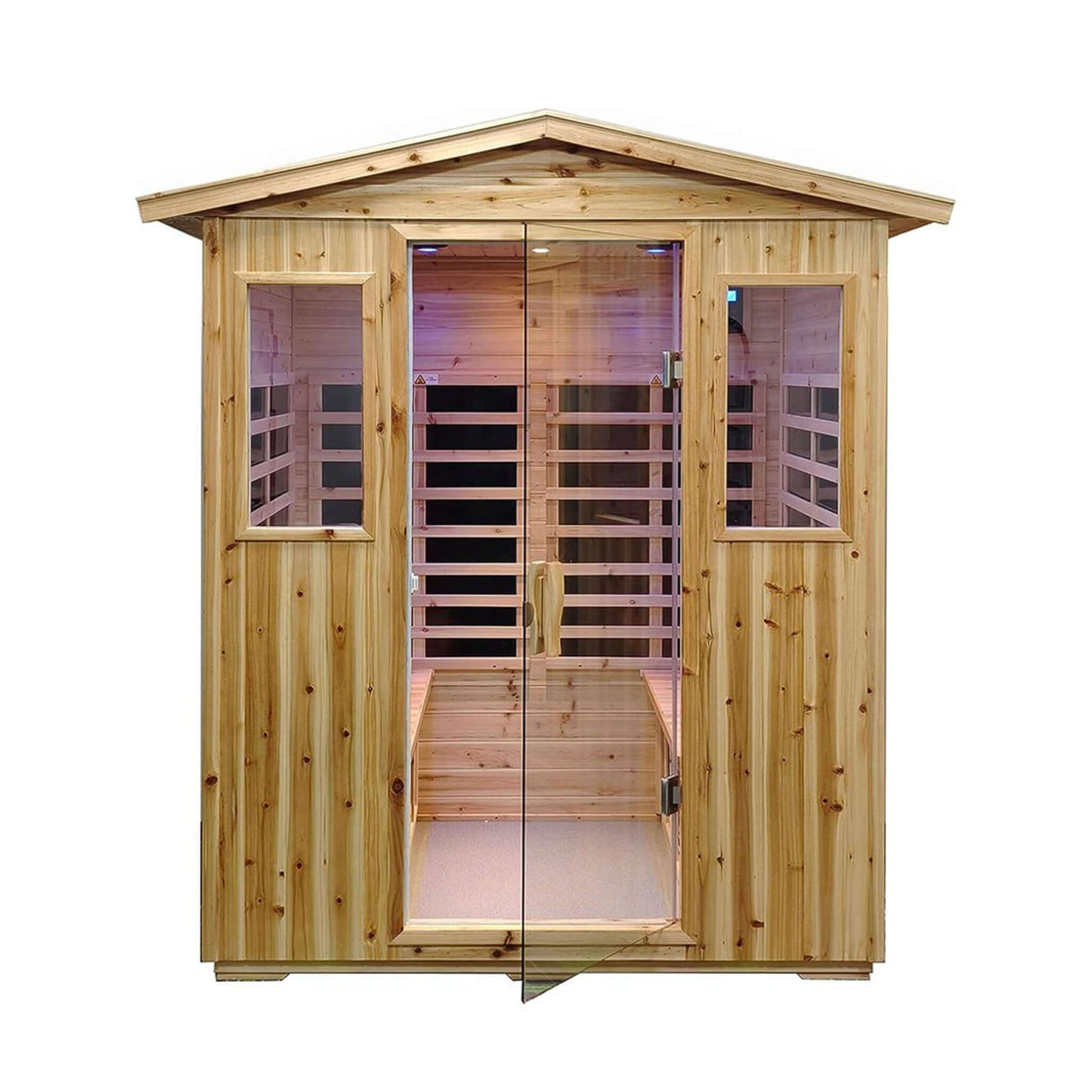 Front view of the 4-person outdoor hemlock infrared sauna for backyard wellness, available at Seasons to Seasons Store.