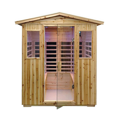 Front view of the 4-person outdoor hemlock infrared sauna for backyard wellness, available at Seasons to Seasons Store.