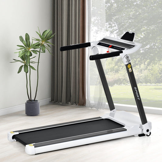 Foldable treadmill in a home setting with a plant and window in the background