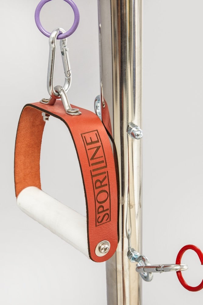 Close-up of a lever with a brown leather grip and 'Sportline' branding on a white background.