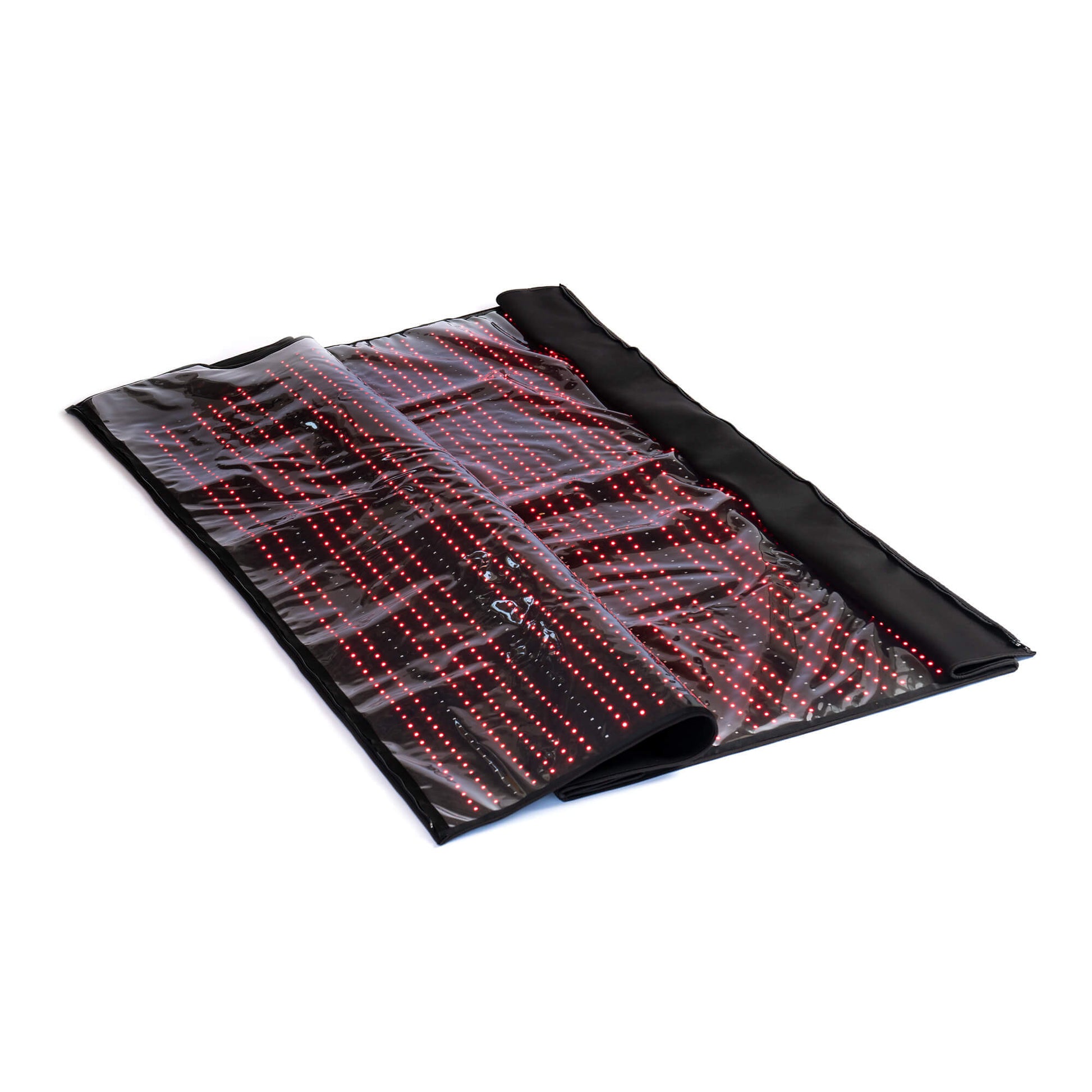 Black mat with red LED lights on a white background