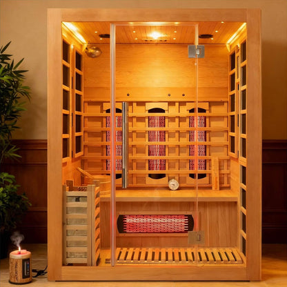 Infrared sauna with wooden interior and heating elements.