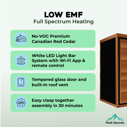 Peak Saunas Fuji 2-Person Full Spectrum Infrared Sauna with XL Medical-Grade Red Light Therapy & Smart WiFi App Control