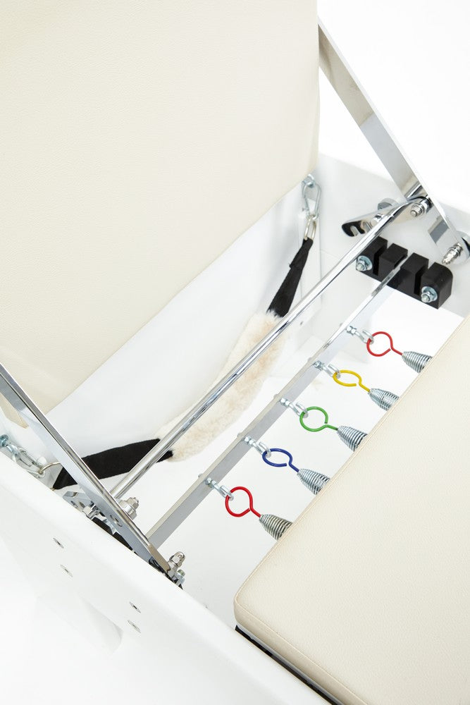 Sportline Reformer-Tower showing adjustable springs and tower attachments