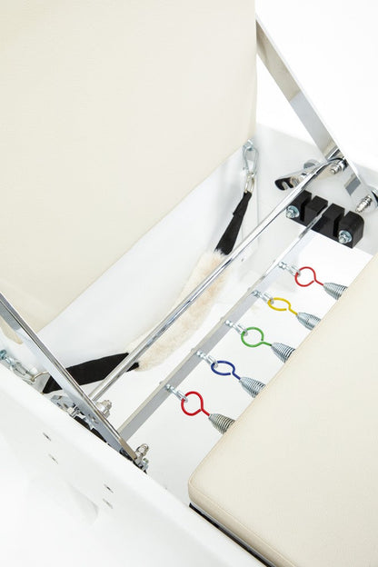 Sportline Reformer-Tower showing adjustable springs and tower attachments