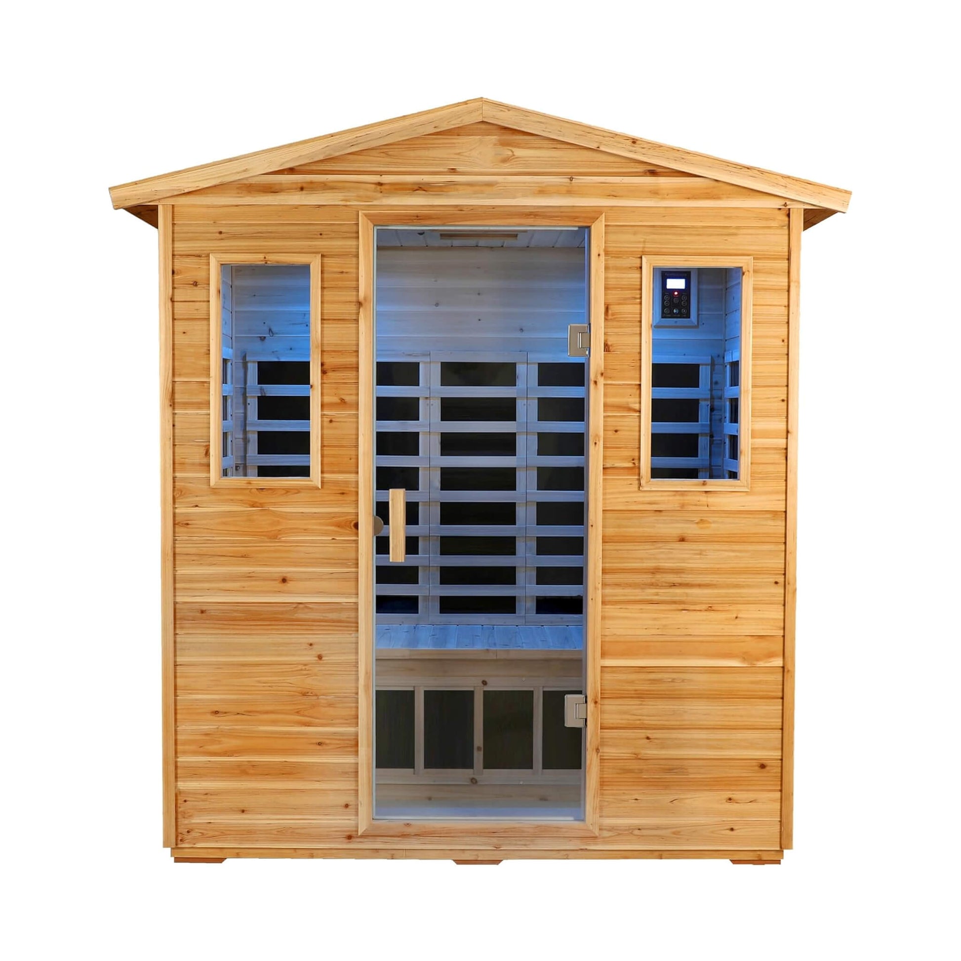 Wooden cabin with a clear glass door on a white background