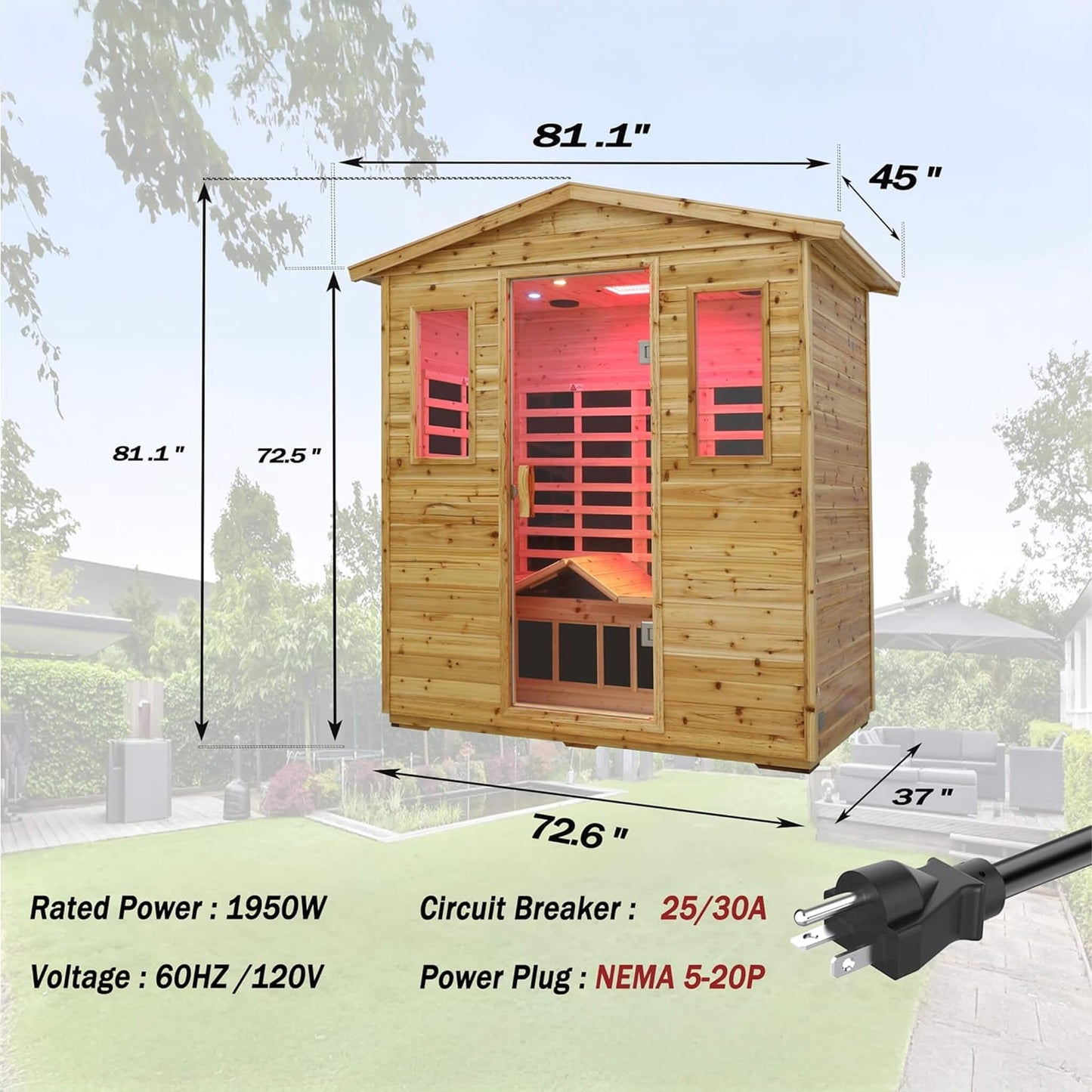 Wooden sauna with dimensions and electrical specifications displayed on a clear background