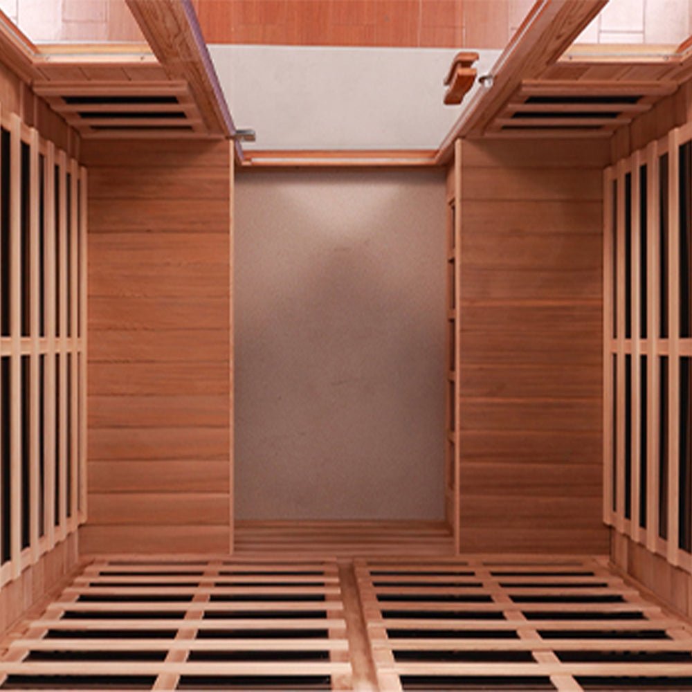 FAR infrared heating panels inside 4-person luxury sauna providing deep, even warmth