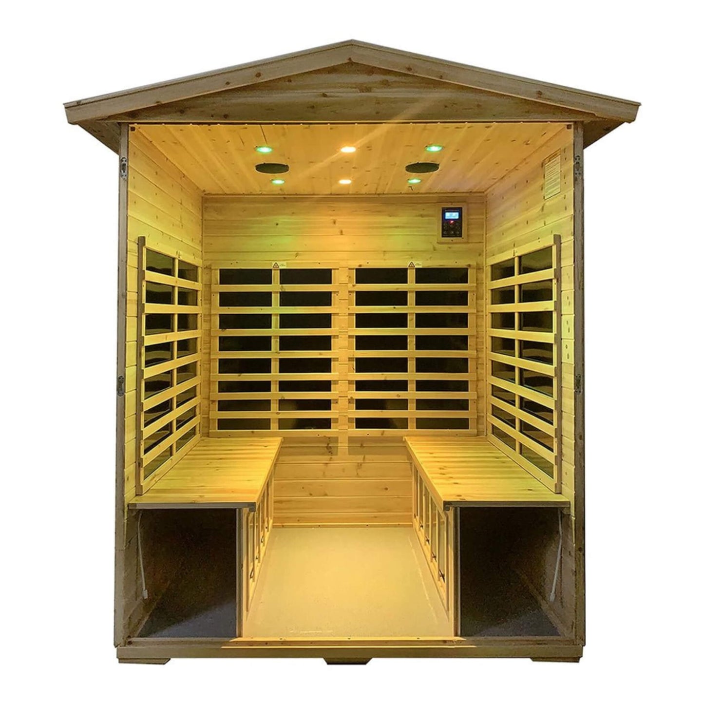 Interior seating made from premium Quebec hemlock wood inside the 4-person outdoor infrared sauna.