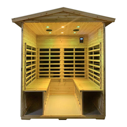 Interior seating made from premium Quebec hemlock wood inside the 4-person outdoor infrared sauna.