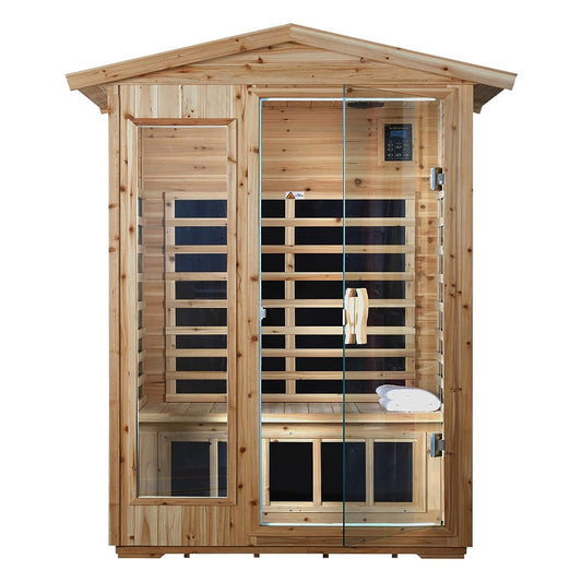 Compact 2-person FAR infrared sauna made from durable Quebec hemlock wood for indoor or outdoor use.