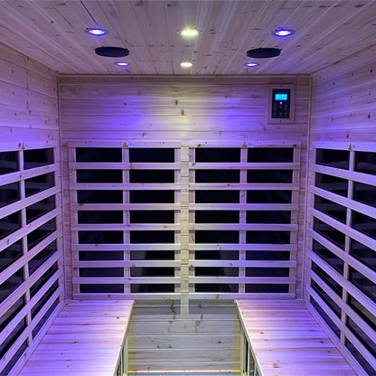 Low EMF carbon crystal heating panels providing even infrared warmth for family sauna sessions.