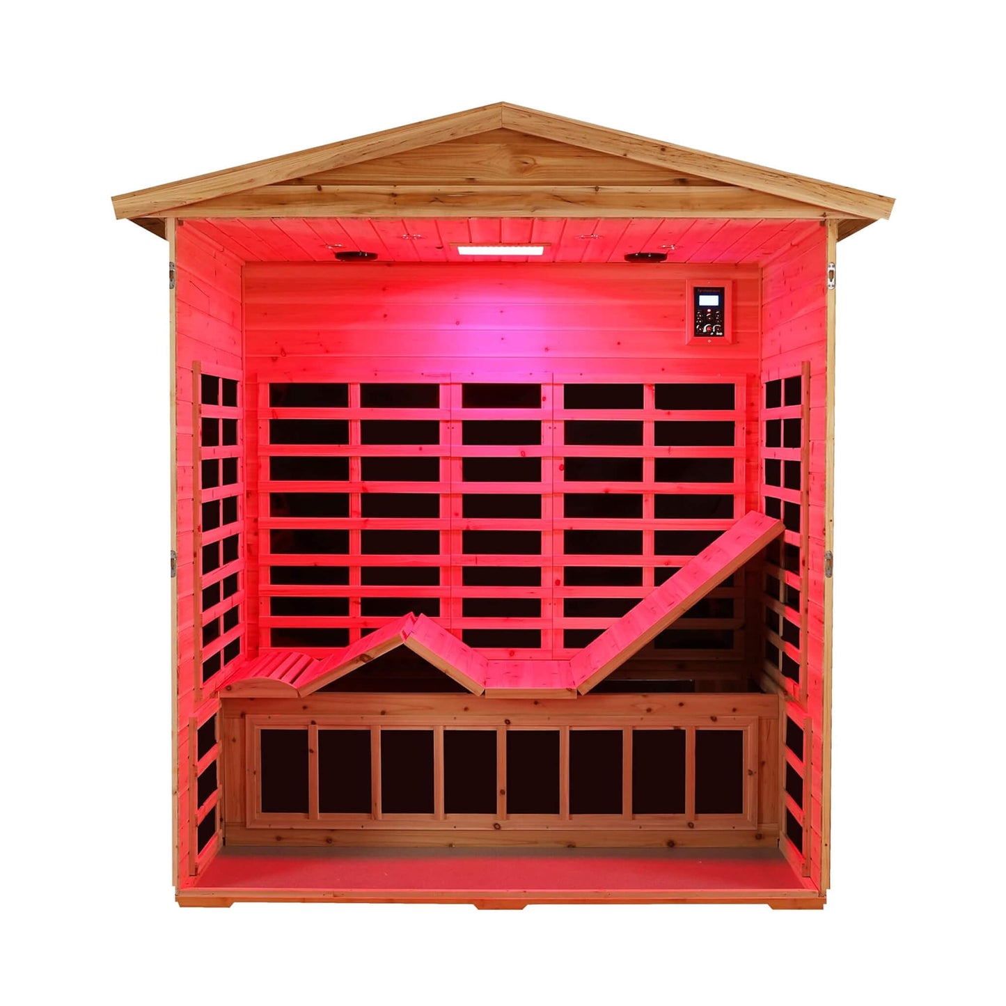 Wooden sauna with red interior light on a white background