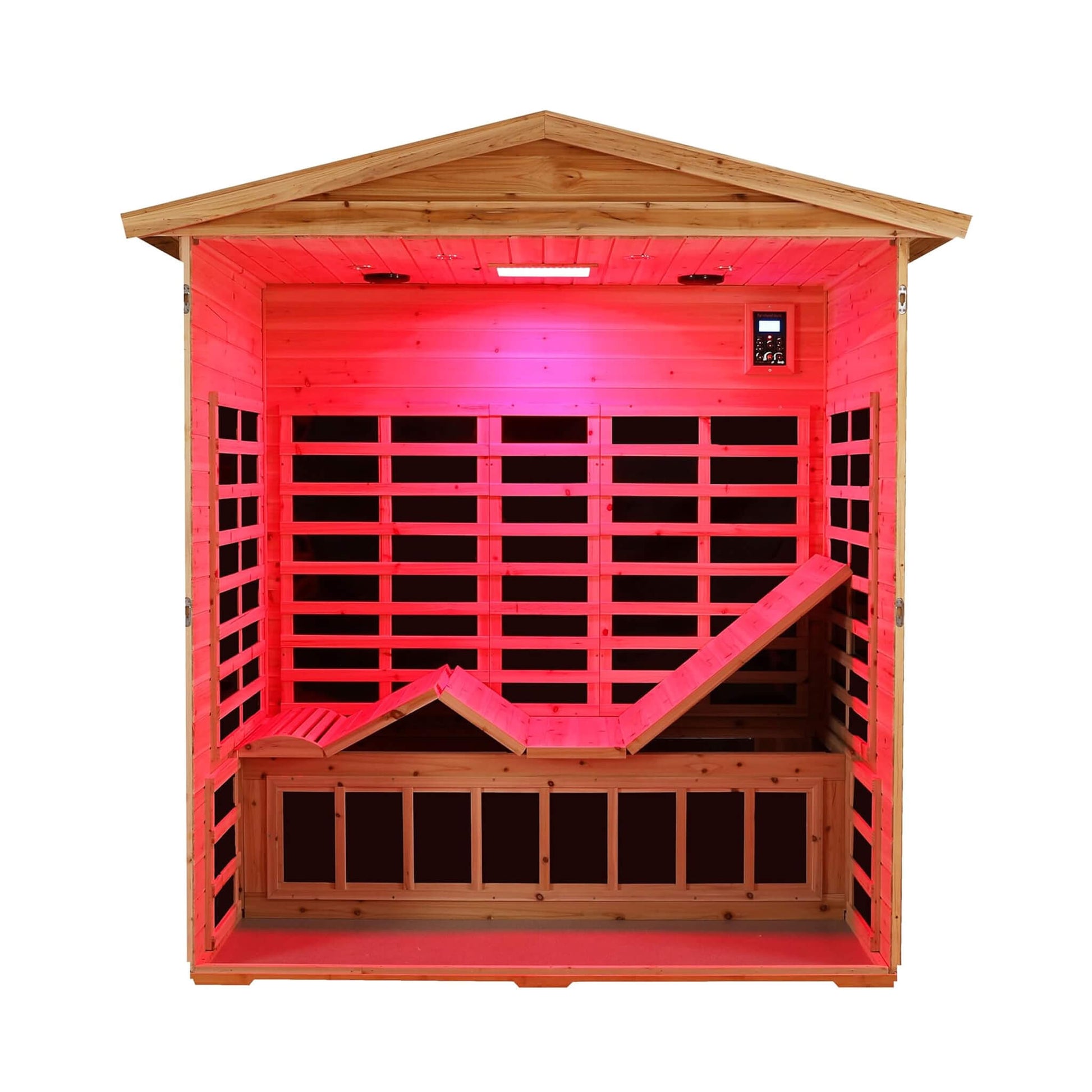 Wooden sauna with red interior light on a white background