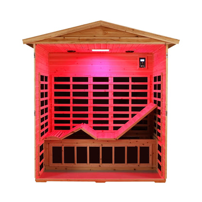 Wooden sauna with red interior light on a white background