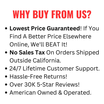 Promotional text highlighting reasons to buy from a company, including lowest price guarantee, no sales tax, 24/7 support, hassle-free returns, and customer reviews.