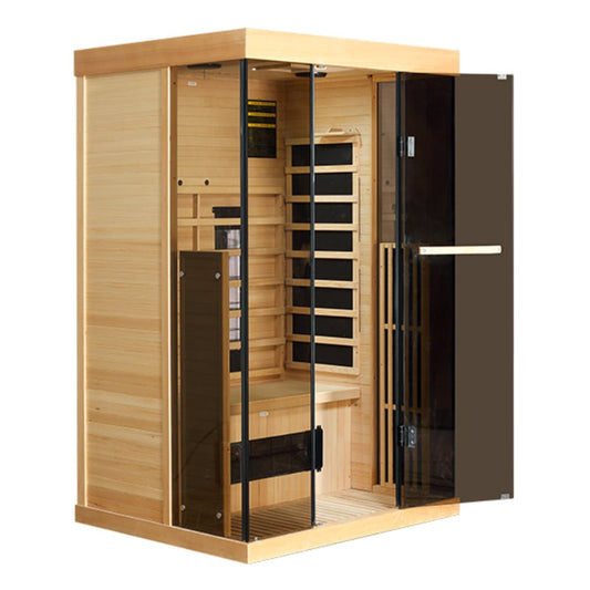 Luxury 2-Person Low EMF FAR Infrared Heat Wood Home Personal Spa Sauna W/ Panoramic Tempered Glass, 2000W (SAK27481)