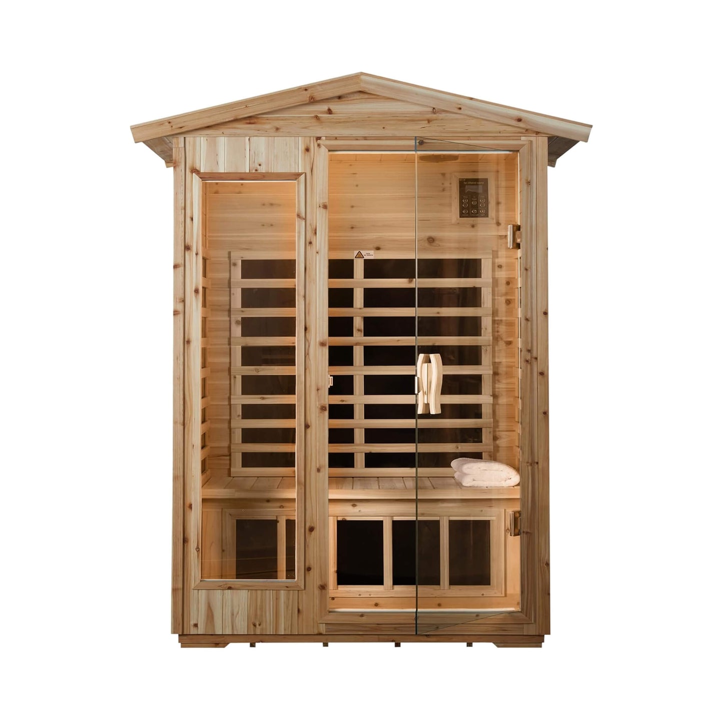 Wooden sauna with glass door on a white background