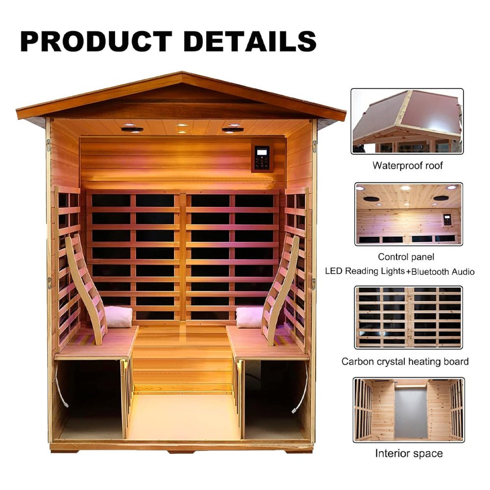 2050W luxury outdoor sauna offering efficient heating and chromotherapy LED lighting.