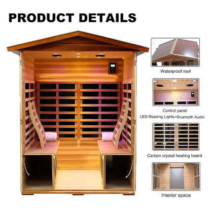 2050W luxury outdoor sauna offering efficient heating and chromotherapy LED lighting.