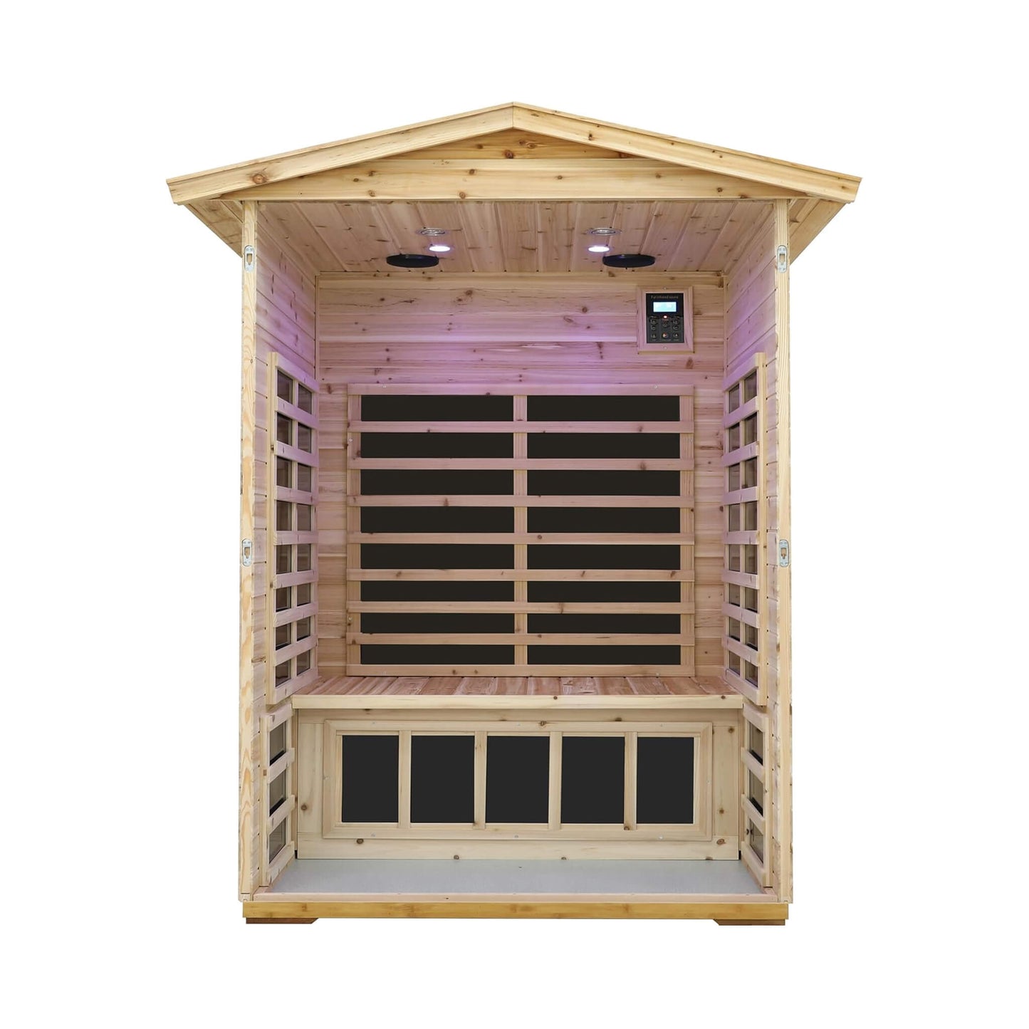 Wooden sauna with a white background