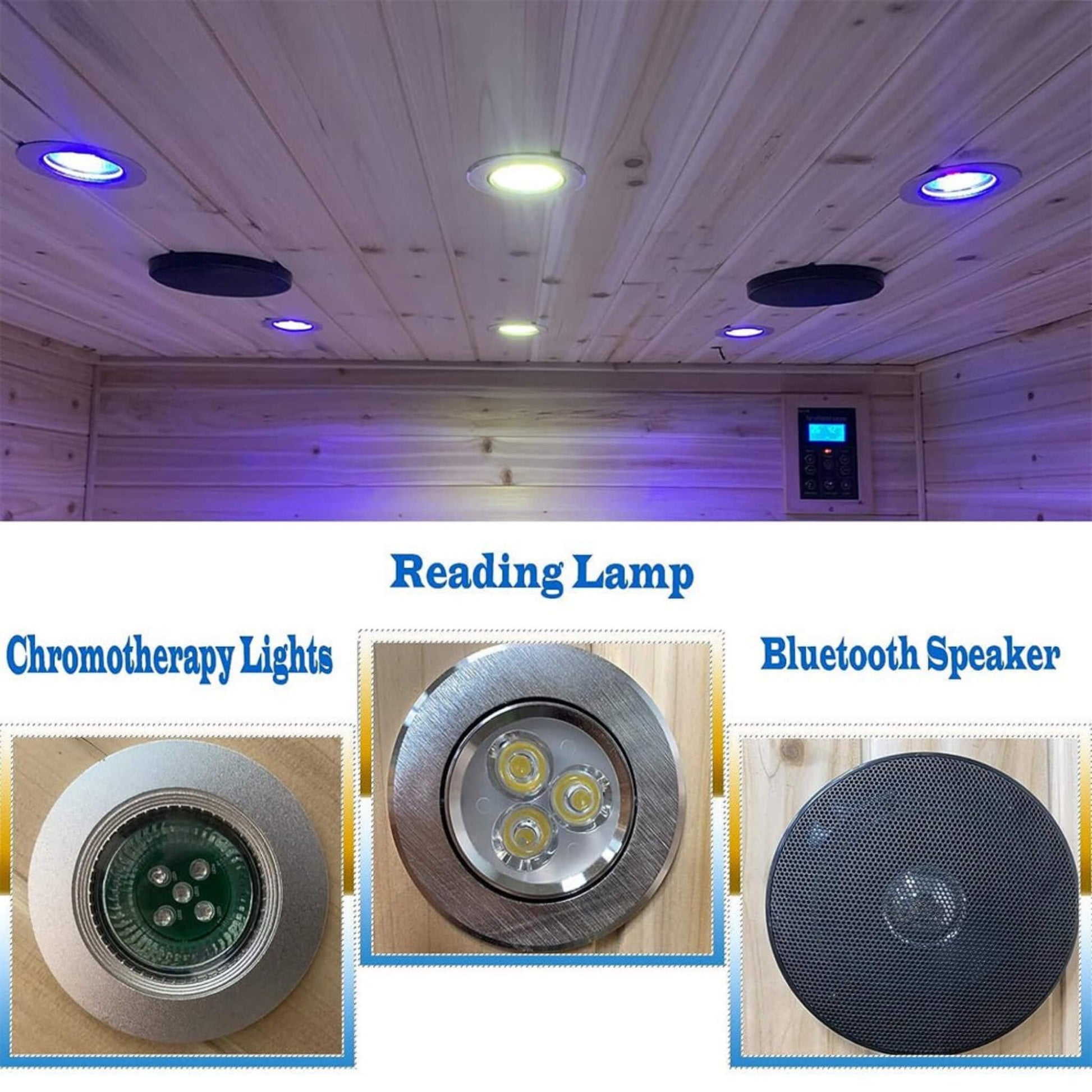 LED chromotherapy lighting system inside the outdoor sauna promoting relaxation and balance.
