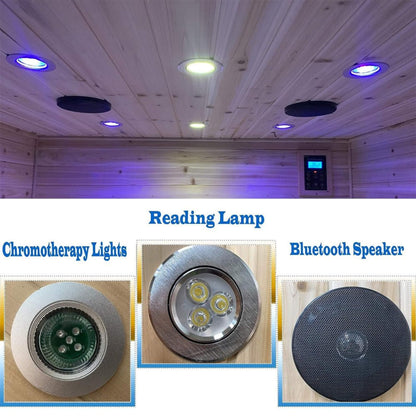 LED chromotherapy lighting system inside the outdoor sauna promoting relaxation and balance.
