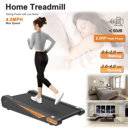 Home treadmill with woman using it, showing speed and noise level features.