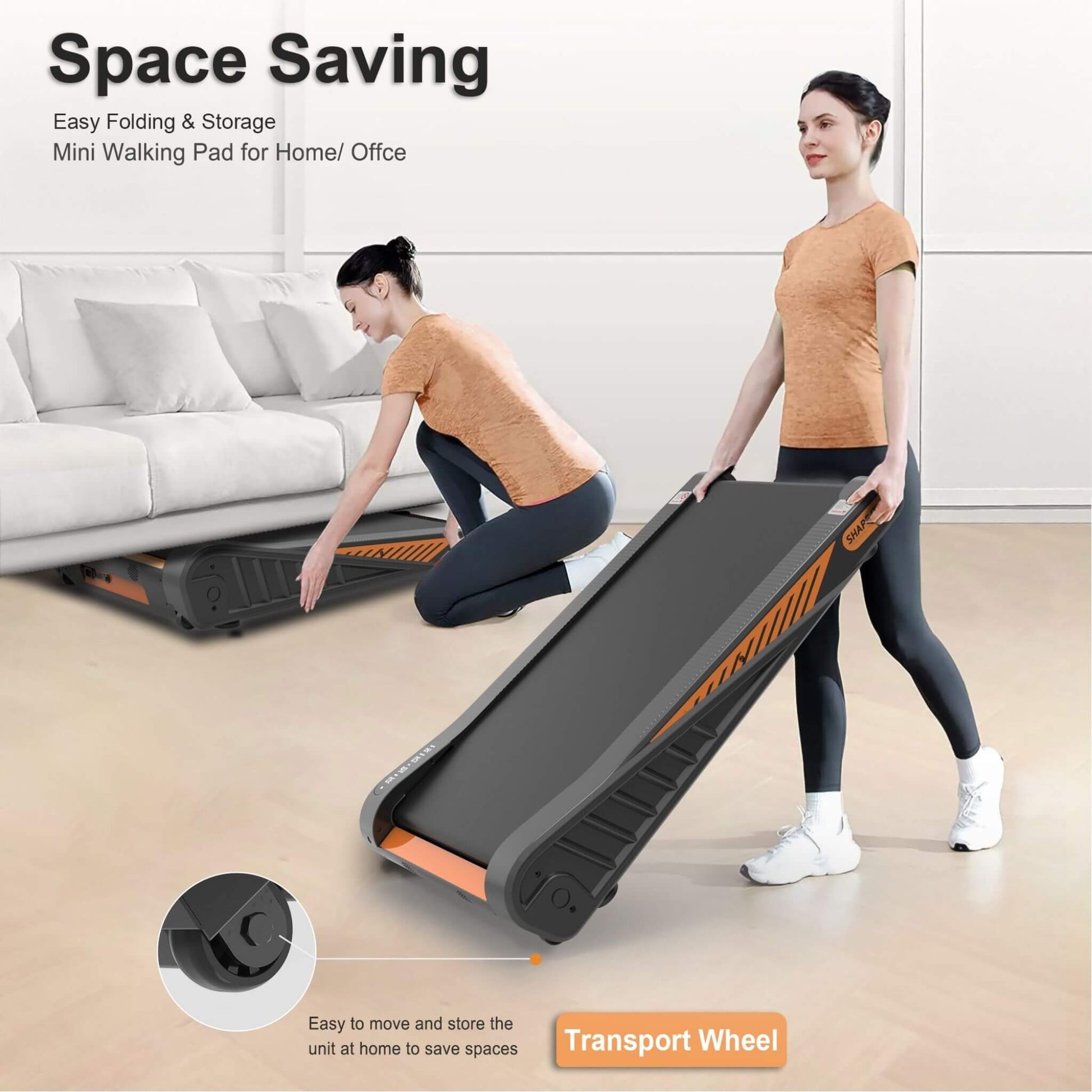 Portable walking pad with wheels for easy storage at home
