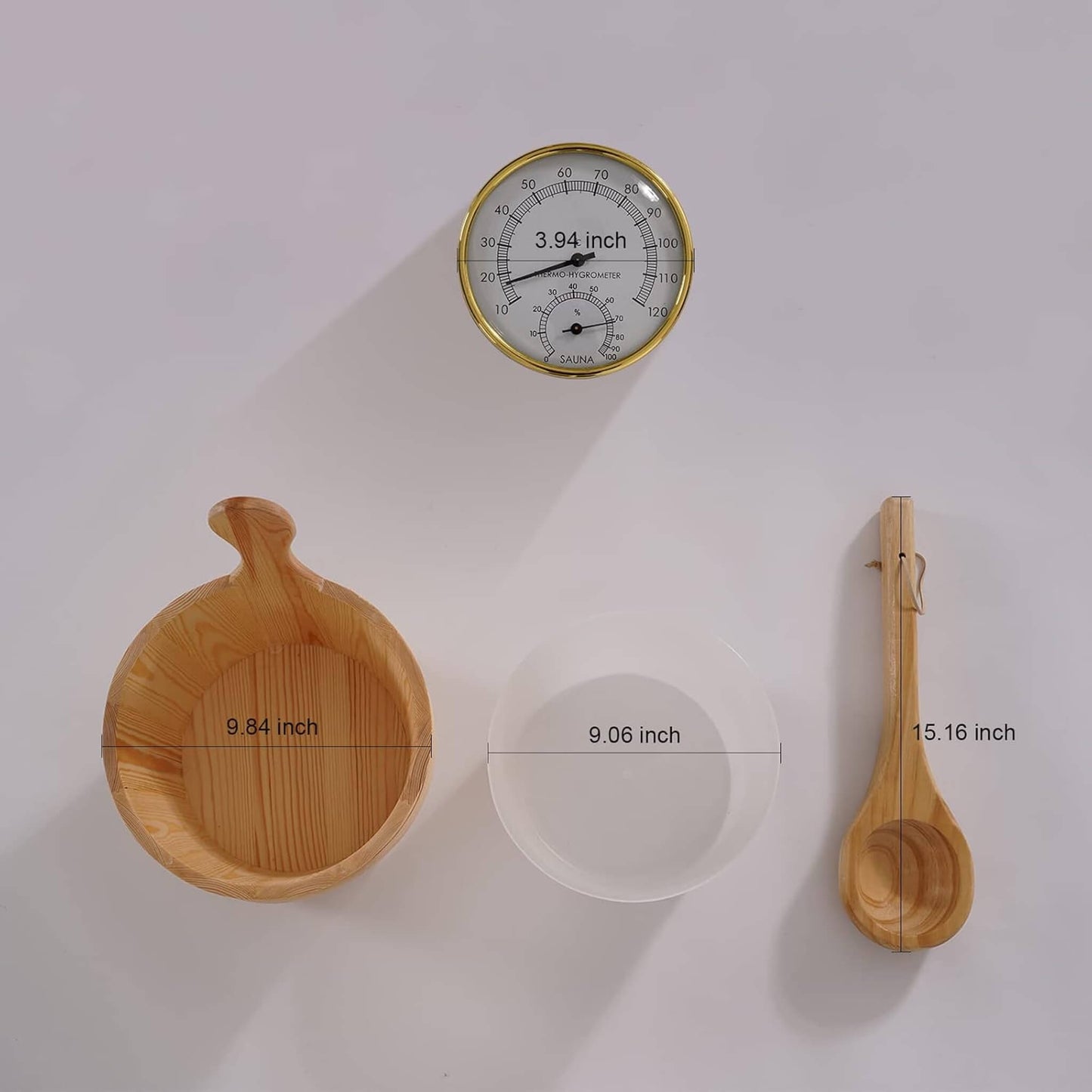 Wooden spoon, bowl, and transparent disc with measurements on a white background