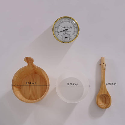 Wooden spoon, bowl, and transparent disc with measurements on a white background