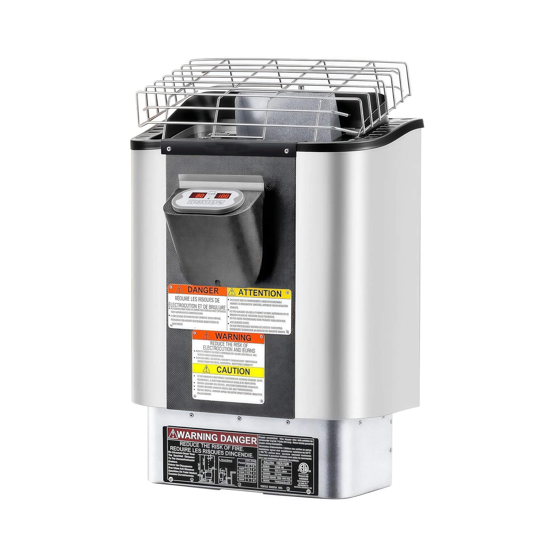 Commercial deep fryer with warning labels on a white background