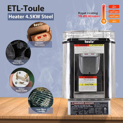 Toule heater with features highlighted on a blue background