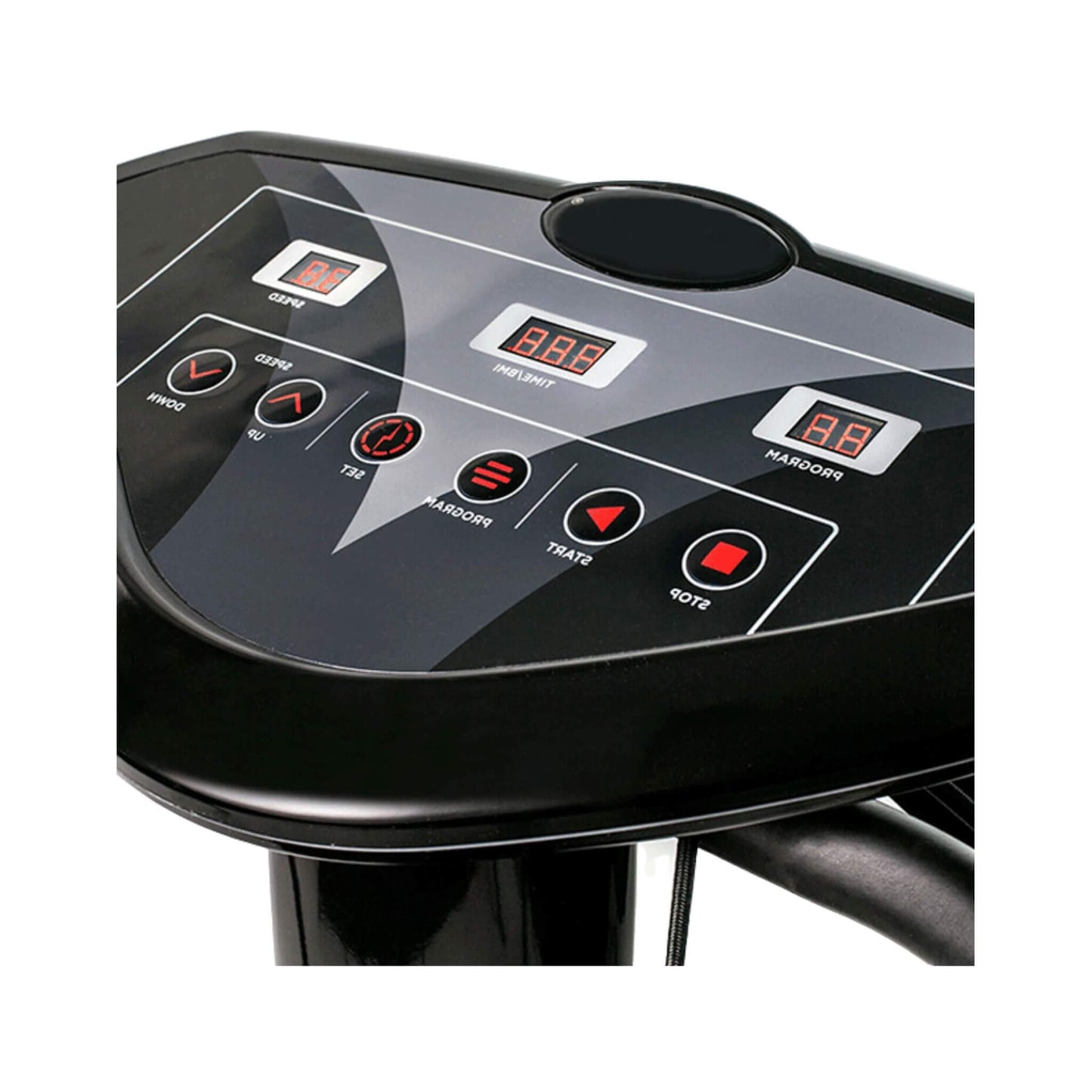 Control panel of a piece of exercise equipment with digital displays and buttons.