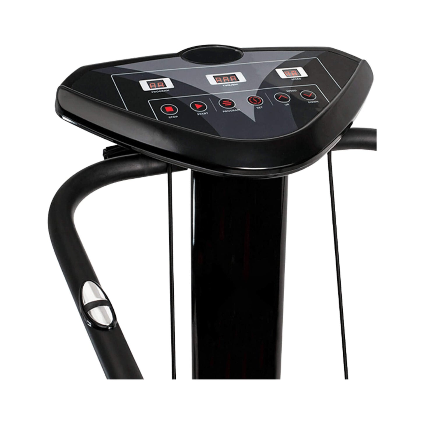Black exercise bike with control panel on a white background