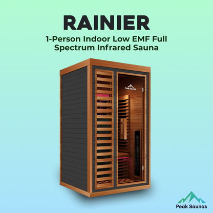 Peak Saunas Rainier 1-Person Full Spectrum Infrared Sauna with XL Medical-Grade Red Light Therapy & Smart WiFi App Control