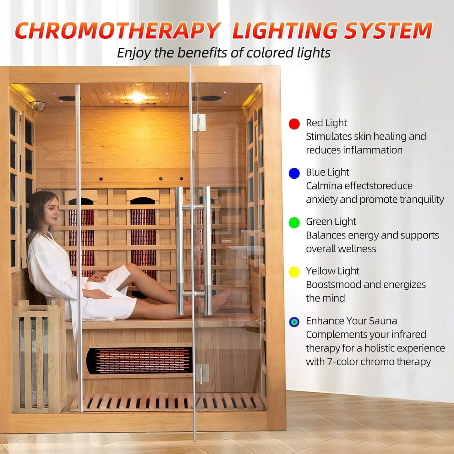 Rövia Aurora indoor sauna with chromotherapy lighting and bluetooth audio