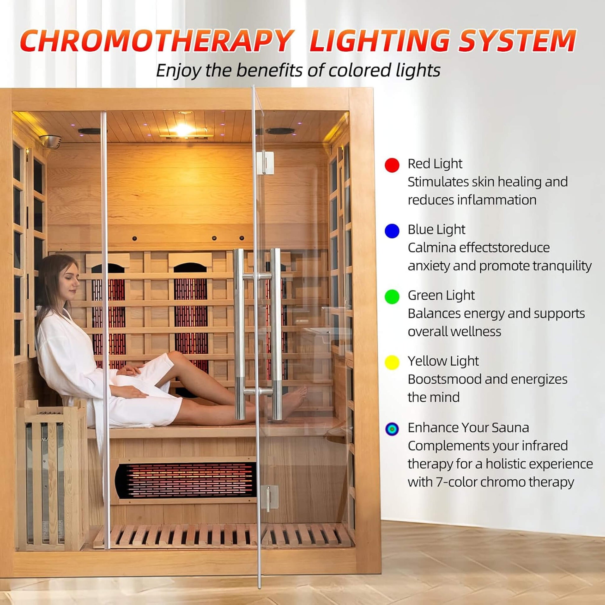 Rövia Aurora indoor sauna with chromotherapy lighting and bluetooth audio