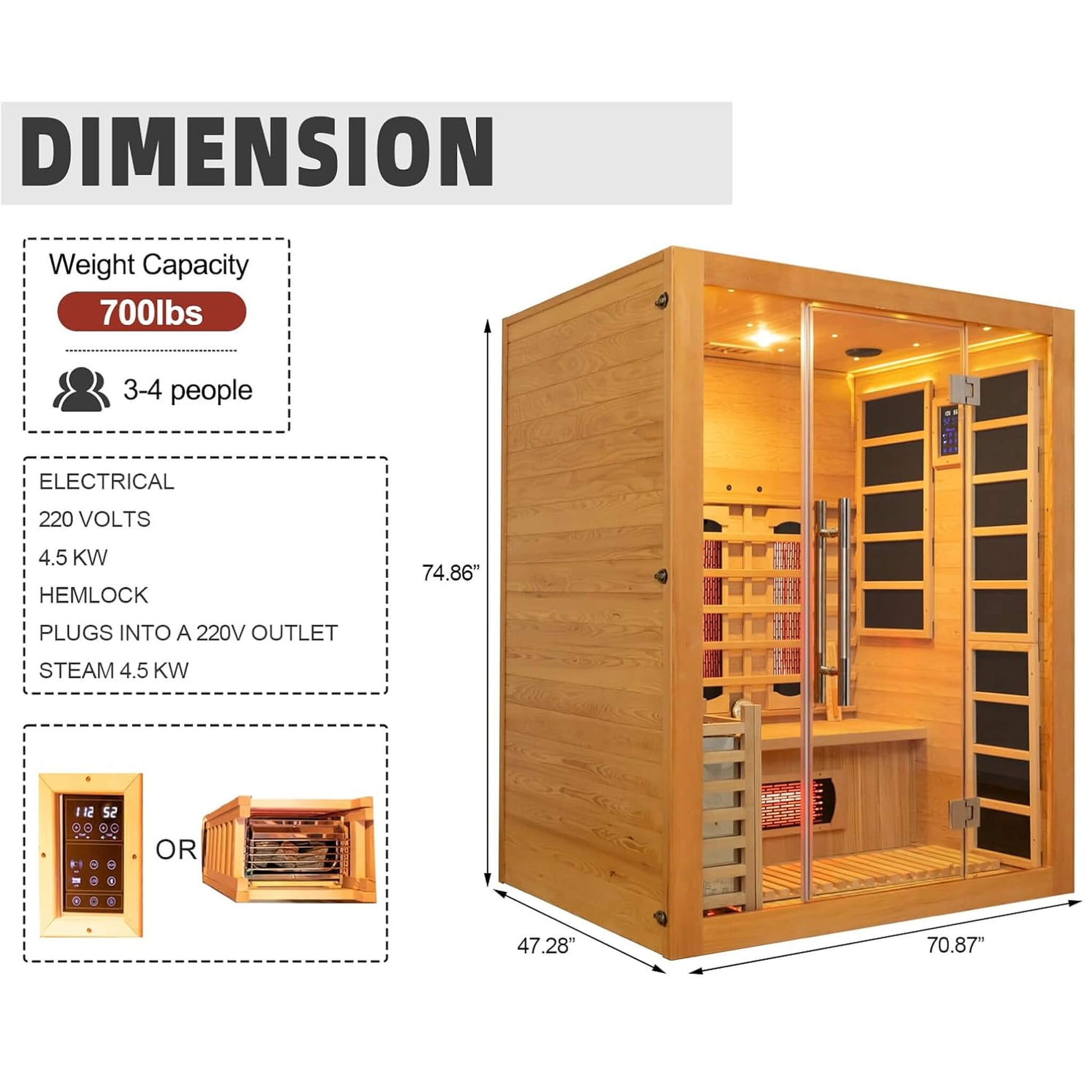 Wooden sauna with dimensions and specifications on a white background