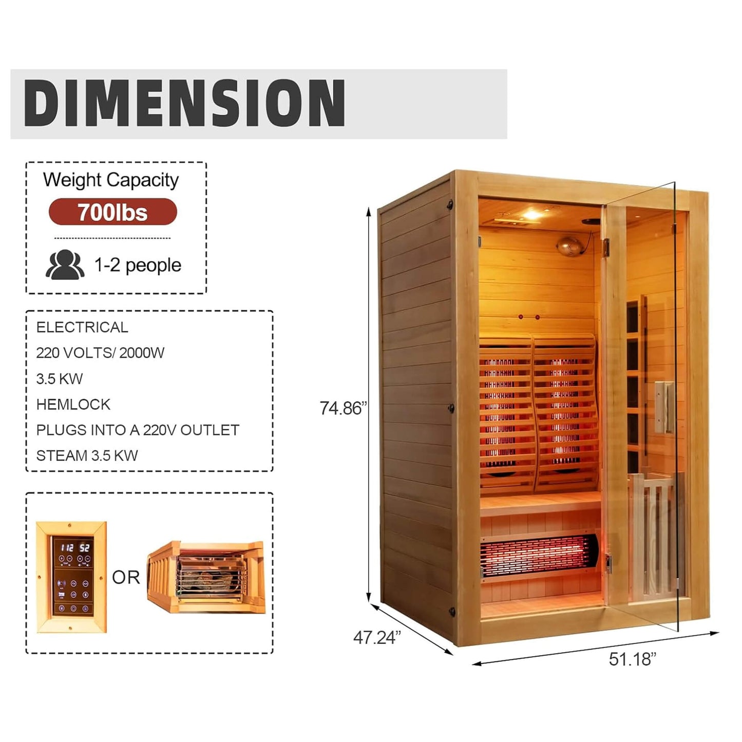 Indoor infrared and steam sauna made from Canadian hemlock
