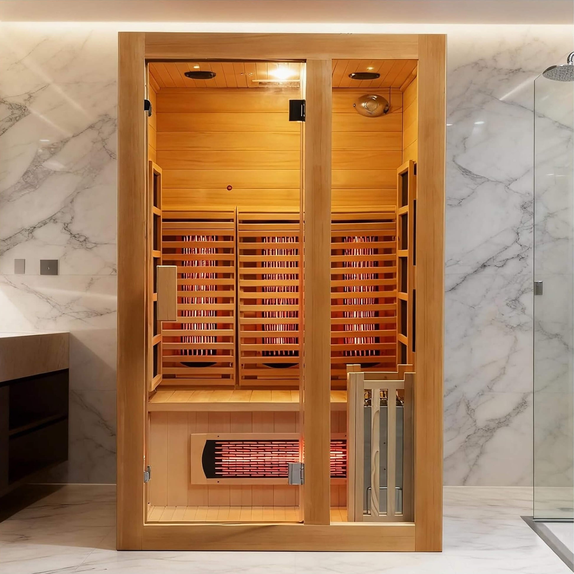 Rövia Luma indoor sauna with chromotherapy lighting and oxygen bar