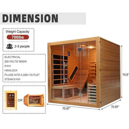 Rövia Oasis 3-Person Indoor Hybrid Sauna (Infrared + Steam, 6kW)