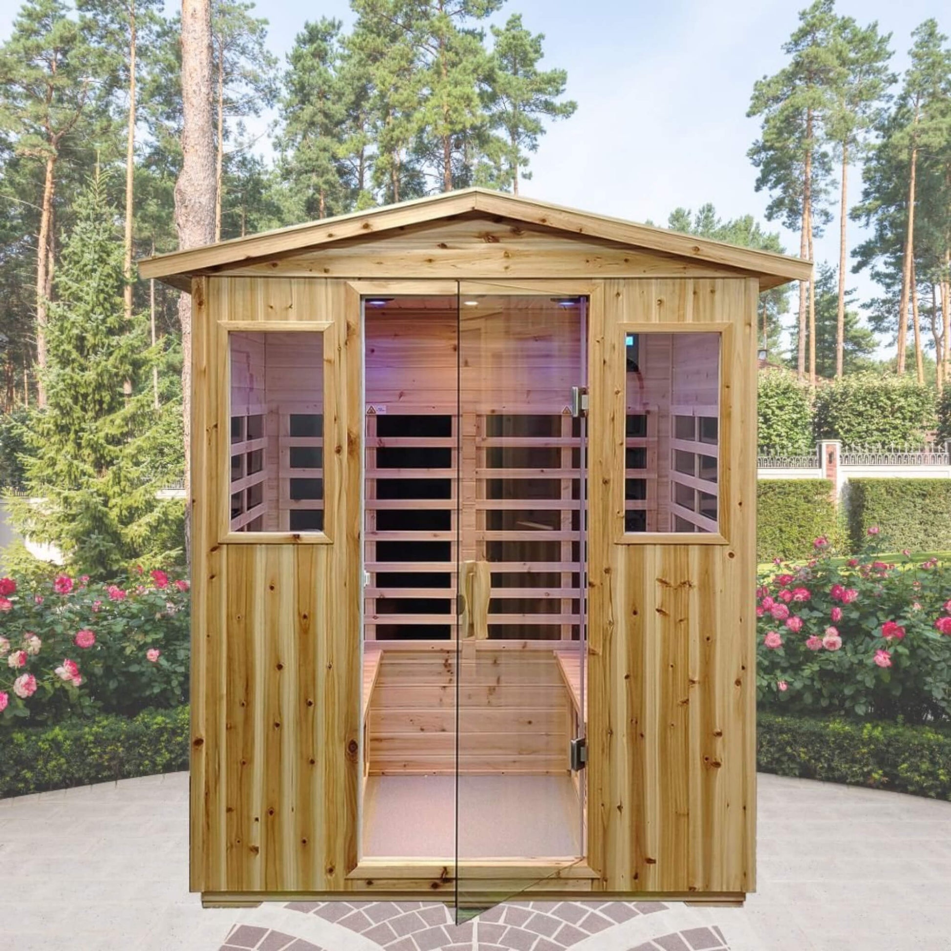 Luxury outdoor infrared sauna crafted from durable Quebec hemlock wood, curated by Seasons to Seasons Store