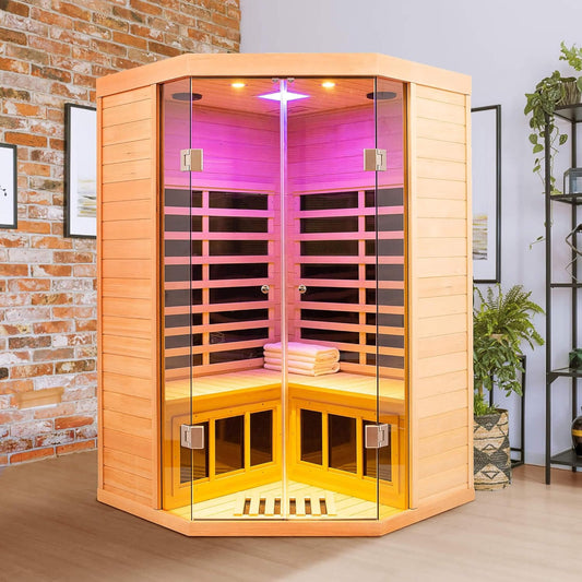 2-person corner infrared sauna room with cedar wood interior