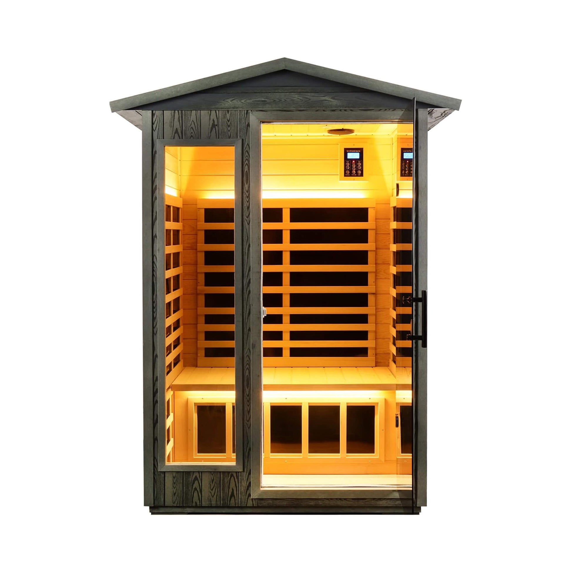 2-person outdoor far infrared sauna with carbonized walnut finish