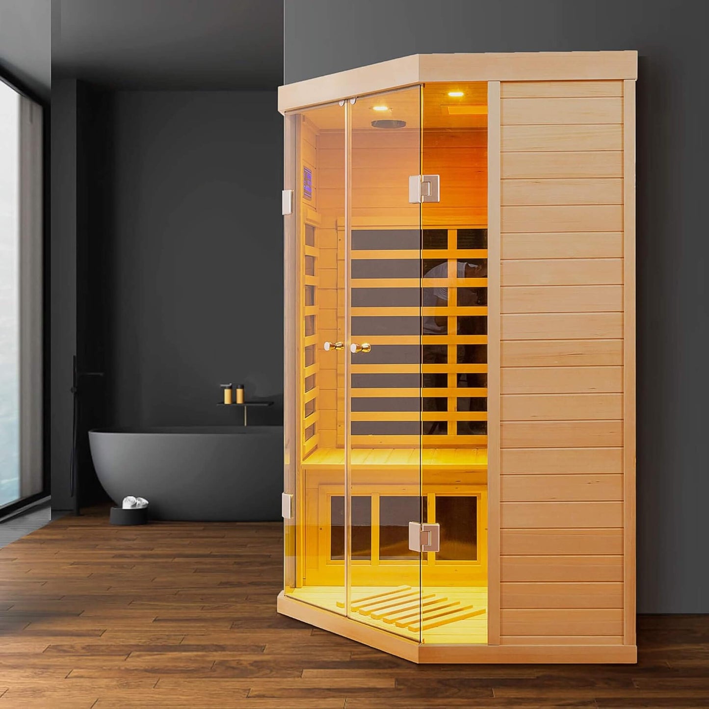 Space-saving corner infrared sauna for home wellness